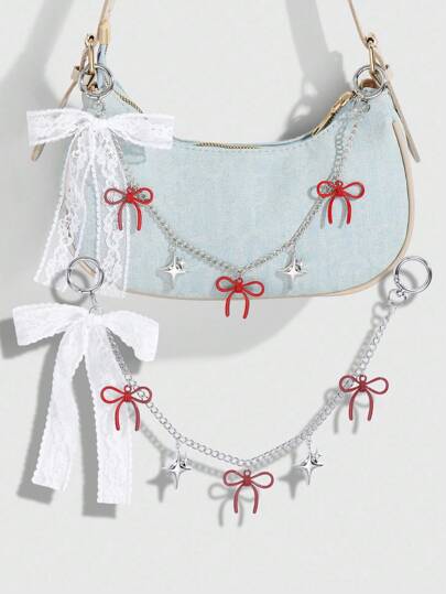 Kawaii 2pcs Fashion Elegant Lace Butterfly, Star Hollow Chain & Red Lace Butterfly Resin Star Heart Shaped Keychain Pendant Set, Versatile Stylish Accessory Gift For Women