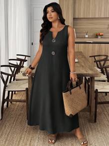 EMERY ROSE Plus Size Sleeveless Solid Color Dress, Vacation & Casual - Black - View 3