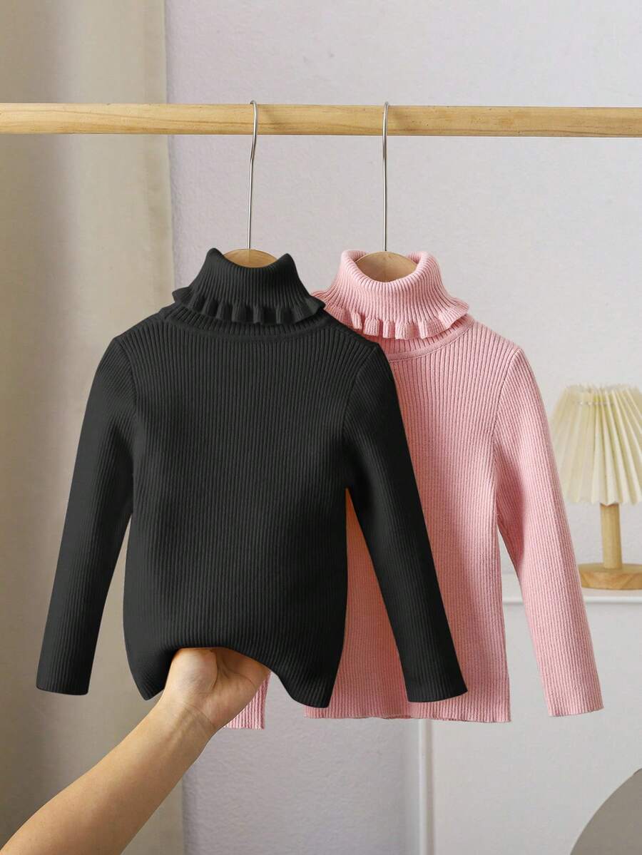 LMoss Kids LMoss 2 件套年轻女孩高领修身休闲毛衣，秋季，服装，百搭，适合日常使用，服装，冬装，毛衣，秋冬高领毛衣高领毛衣高领毛衣罗纹高领荷叶边高领毛衣高领毛衣秋季毛衣 - 粉色 - 查看 1