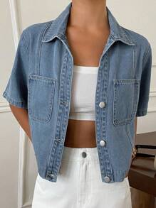 Livesso Chaqueta vaquera de mujer de manga corta con bolsillo parche, estilo informal, lavada, con botones, para el verano - Azul - Ver 1