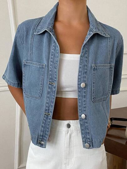 Livesso Chaqueta vaquera de mujer de manga corta con bolsillo parche, estilo informal, lavada, con botones, para el verano