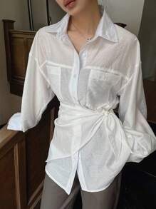 DAZY 女式纯色前扣口袋长袖休闲衬衫 - 白色 - 查看 1