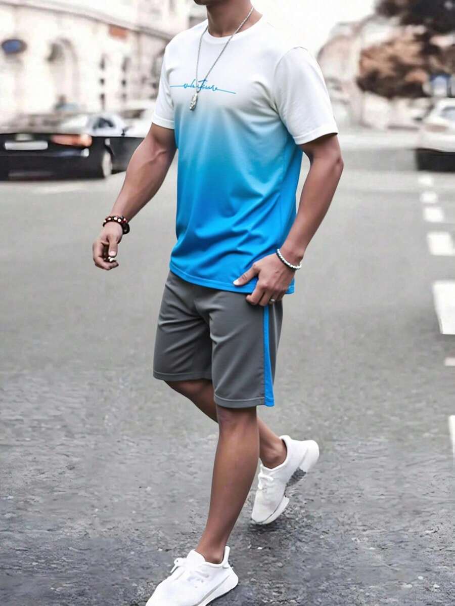 青少年男孩休闲舒适渐变短袖T恤 - 淺藍色 - 查看 1