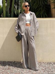 Livesso 2pcs Women Casual Striped Long Sleeve Blouse And Pants Set, Summer