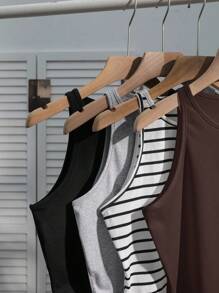 SHEIN EZwear 4pcs/Set Women's Casual Tight Fit Tank Tops, Black, Brown, Gray, Striped, Versatile & Sexy For Summer Back To School - Multicolor - View 4