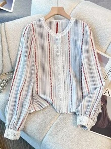 Florisole 波西米亚浪漫休闲/通勤条纹花卉拼布蕾丝边开衫女式衬衫 - 彩色 - 查看 2