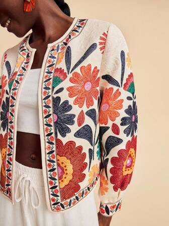 Travachic Aprikosfärgad vävd kappa med broderi och långa vanliga ärmar, blommig jacka, broderad jacka, sommarjacka, blommig jacka, kofta för kvinnor, höst/vinter