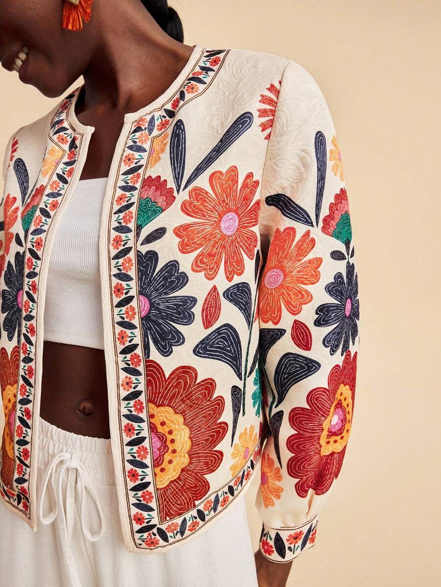 Travachic 杏色梭织面料刺绣长袖花卉外套女绣花夹克女夏季外套花卉印花夹克女式秋冬开衫