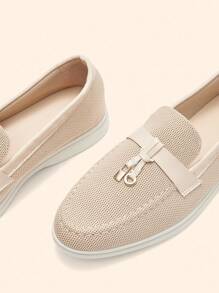 CUCCOO BASICS 女士休闲圆头度假舒适乐福鞋平底套脚鞋，针织杏色高鞋面 - 杏色 - 查看 9