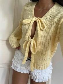 SHEIN EZwear Áo khoác cardigan buộc dây màu vàng bơ trơn thường ngày dành cho nữ, đa năng trong mùa thu/đông - Màu be - Xem 3