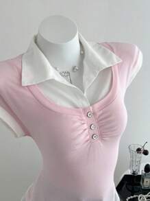 Elamini 黑白拼布装饰纽扣休闲女式夏季短袖衬衫 - 粉色 - 查看 4