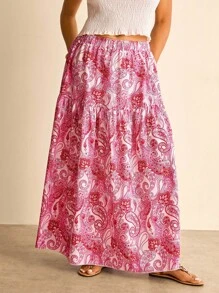 Freevana Plus Size Women's Paisley Print Elastic Waist Skirt, Vacation Style, Spring/Summer Boho Skirt Paisley Skirt Long Summer Skirt Hippie Skirt Vacation Skirt