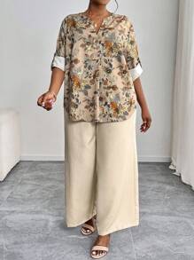 SHEIN PETITE CURVE Ensemble chemise et pantalon à imprimé floral grande taille, tenue décontractée de vacances - Nude - Voir 5