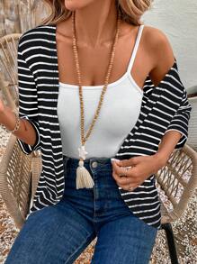 EMERY ROSE Damen Lässig Minimalistisch Modisch Schwarz-Weiß Gestreifter 3/4 Arm Jacke Gestreifter Cardigan für Herbst/Winter