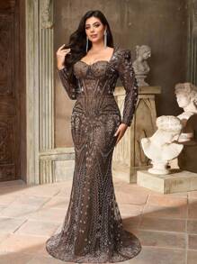 Aureia فستان سهرة فاخر طويل بأكمام شفافة وطوق تدليك، قماش بني قهوائي، خصر شفاف مرصع بالترتر والخرز، مناسب لمناسبة الزفاف، والحفلات والأحداث الرسمية