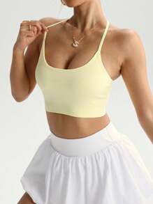 Dewbera 1 pieza Sujetador deportivo regular, diseño acanalado y que absorbe la humedad, sujetador de yoga sin costuras color amarillo claro básico - Butter Yellow - Ver 7