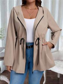 EMERY ROSE Giacca con cappuccio con coulisse in vita e chiusura lampo, tinta unita, casual, per donna taglie forti, adatta per primavera/autunno, leggera, giacca con chiusura lampo per donna, giacca casual per donna taglie forti, adatta per inverno, ufficio, ritorno a scuola, insegnanti, anorak con chiusura lampo per donna