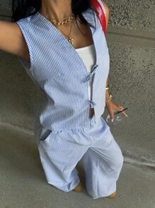 Coolane Kids Teen Girls Spring/Summer Striped Light Blue Fitted Sets,Two Pieces Outfits,Parent-Child Clothing