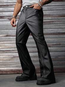 AXEPEAK Men's Street Fashion Leather Zipper Decor Pants , Fall Winter - Black - View 4