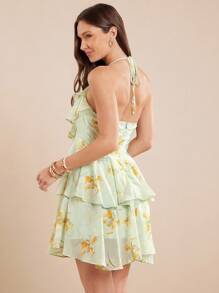 L'Amorae 优雅荷叶边缎面扎染系带迷你太阳裙，女士夏季服装 - 淺藍色 - 查看 2