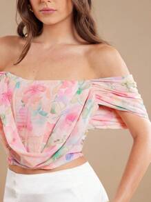 L'Amorae Bluză elegantă cu mânecă scurtă, cu imprimeu floral și umeri goi - Baby Pink - Vizualizare 2