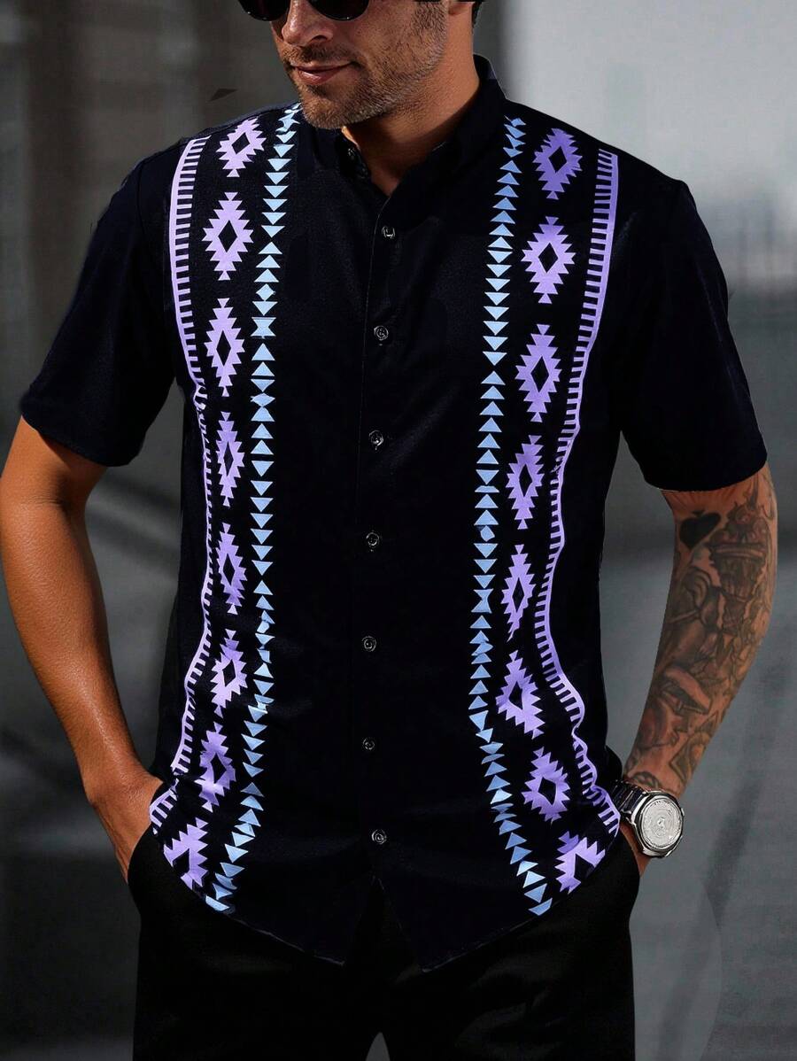 Manfinity CasualCool 男士圖案印花單排扣休閒短袖襯衫,時尚款 - 紫色 - 查看 1