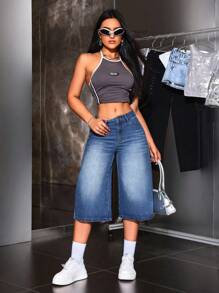 SHEIN ICON 女士休闲低腰阔腿七分宽松牛仔裤 - 藍色 - 查看 4