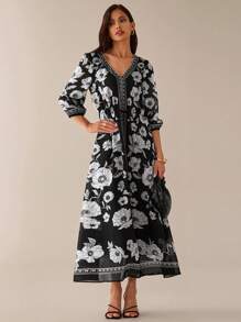 Lilora Das schwarze Maxikleid mit Blumenmuster im Bohemian-Stil für Damen verfügt über einen schmeichelhaften V-Ausschnitt und bequeme Dreiviertelärmel, komplett mit einem stilvollen Gürtel zum Selbstbinden für vielseitige Eleganz. - Schwarz - Übersicht 3