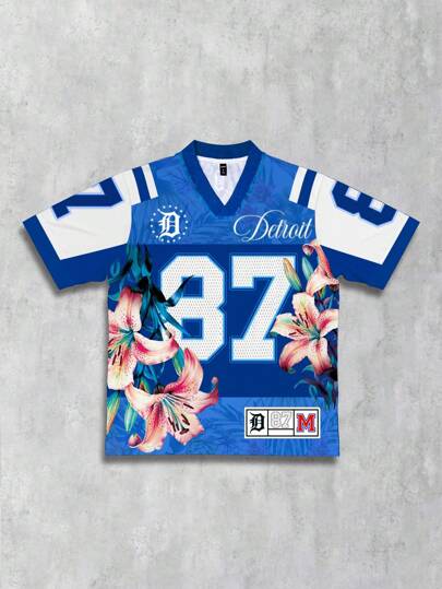 Men's  Street Life Casual Numeric & Floral Print V-Neck Short Sleeve T-Shirt