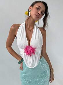 Aloruh Backless Tie Bow Neck Floral Print Elegant Vacation Tank Top - White - View 5