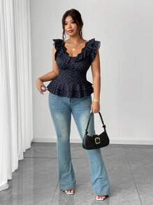 SHEIN Unity Sexy Off-The-Shoulder Lace Backless Blouse, Going Out/Vacation Tops - Navy Blue - View 3