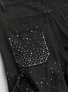 ROMWE MEN Street Life Men's Fashionable Washed Distressed Rhinestone Straight-Leg Jeans