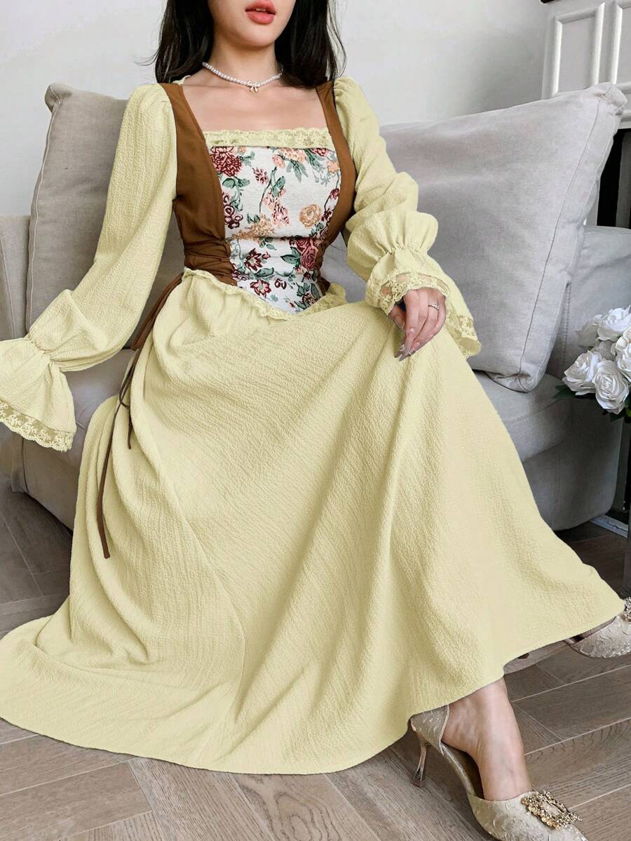 Modelyn Women French Style Square Neck Tie Flare Sleeve Dress - Mustard Yellow - View 1
