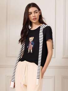 Briarwyn 夏季休闲简约小熊印花短袖T恤，返校季可爱教师图案刺绣T恤 - 黑色 - 查看 2