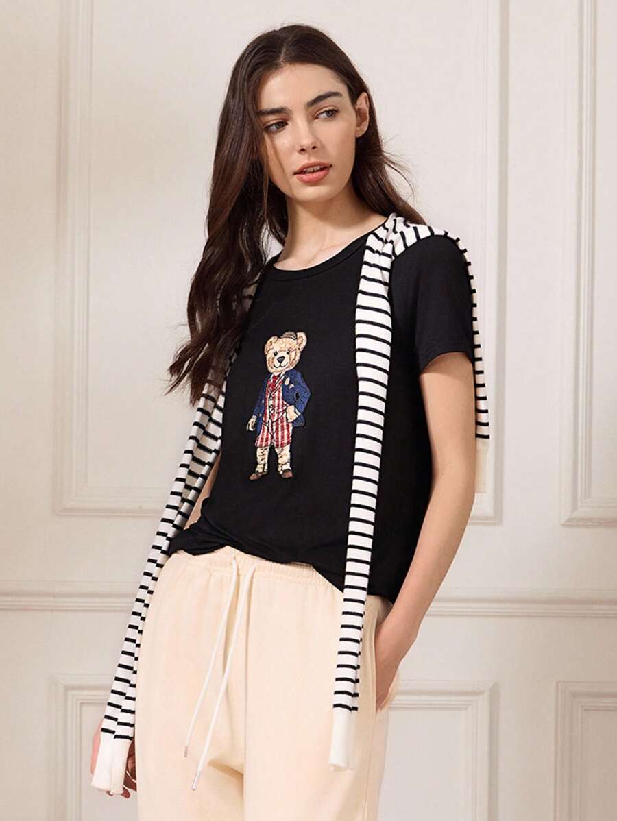 Briarwyn 夏季休闲简约小熊印花短袖T恤，返校季可爱教师图案刺绣T恤