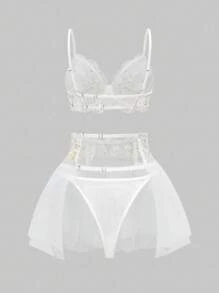 ROMWE Fairycore 3件套浪漫性感刺绣花卉女士套装 - 白色 - 查看 5