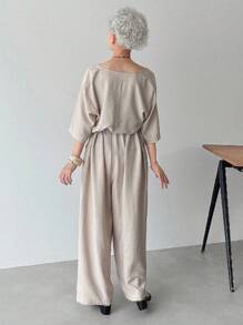 FRIFUL 女士波西米亚风休闲宽松纯色连体裤，短袖夏季抽绳连衣裙，前系带宽松连衣裙，米色连衣裙，V领连衣裙 - 杏色 - 查看 5