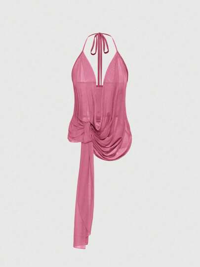 ROMWE Avant Top de mujer transparente con escote profundo, cuello drapeado y espalda descubierta para festivales de música