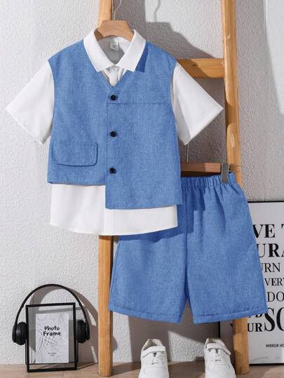Buy 2 Get 1 Free 3-Piece Set With A Short-Sleeved Shirt Tween Boy Casual Sports College Literary Retro Wide-Shoulder Gray Vest And White Short-Sleeved Lapel Shirt And Gray Suit Shorts High Cost-Effective Multi-Piece Suits Suitable For Kids Outfits Toddler Boy Clothes Back To School Boys Set