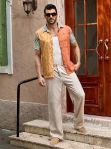 Manfinity VCAY 男士休闲拼布印花短袖衬衫，适合度假 - 彩色 - 查看 4