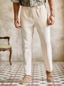 Mainfolk Men's Linen Beach Trousers,Autumn Casual Vacation Holiday Beige,Lightweight Drawstring Yoga Pants,Loose Fit Crinkle Fabric Elastic Waist Bottoms - Apricot - View 5
