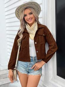 SHEIN LUNE Flap Pocket Bishop Sleeve Corduroy Jacket In Fall/Winter,Casual - Chocolate Brown - View 4