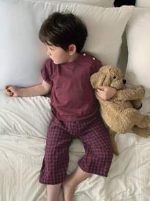 Hapijoa Toddler Boys Round Neck Short Sleeve T-Shirt And Plaid Pants 2 Piece Home Outfit, Summer - Red - View 5