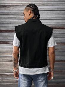 AXEPEAK 男士夏季时尚水钻装饰无袖牛仔上衣 - 黑色 - 查看 2