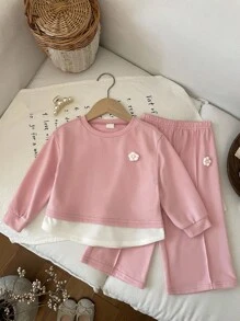 LMoss Kids LMoss 2 Pieces Set Baby Girls Knit Color Block Sweatshirt & Pants,Cute Pink Flower Long Sleeve Tops & Bottoms Autumn Family Matching Girl Clothes Sets - Pink - View 1