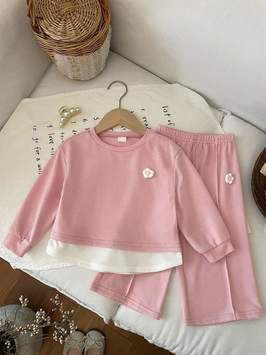 LMoss Kids LMoss 2 Pieces Set Baby Girls Knit Color Block Sweatshirt & Pants,Cute Pink Flower Long Sleeve Tops & Bottoms Autumn Family Matching Girl Clothes Sets - Pink - View 1