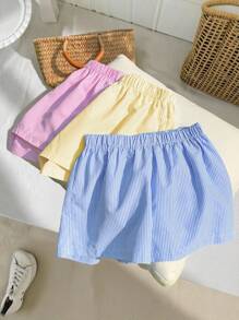 SHEIN 3 piezas/Conjunto de shorts rectos de tela rayada informal para niñas preadolescentes