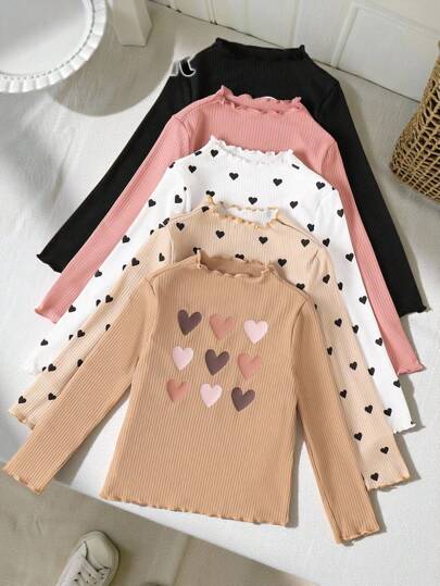 SHEIN Tween Girls' Casual Basics Cor sólida Tricô Elástico Manga Longa Camiseta Tops Várias Peças, Ótimo para uso casual e diário e diário escolar no outono e inverno, Indispensável, Versátil, Mãe e Filha Combinando