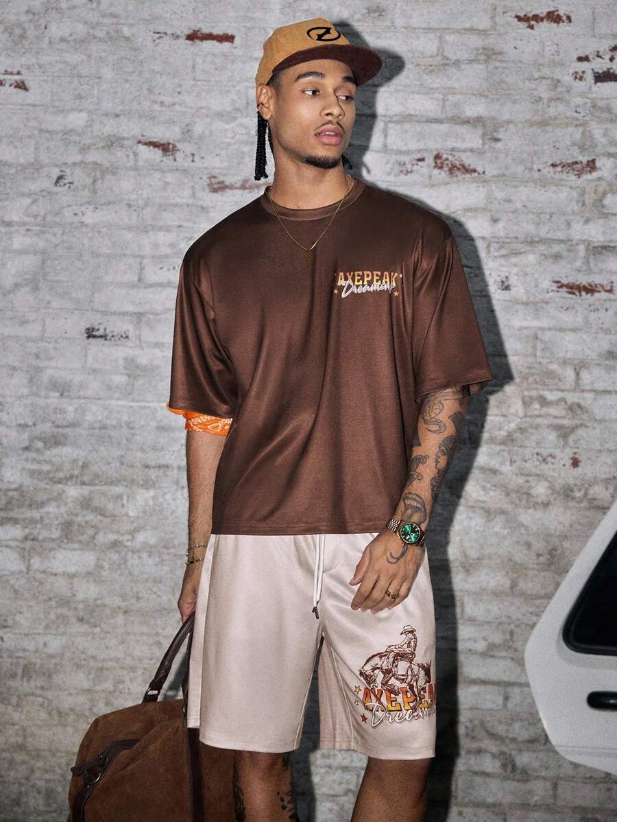 AXEPEAK 休闲圆领短袖短款T恤和抽绳斜口袋短裤套装，男士T恤套装 - 棕色 - 查看 1