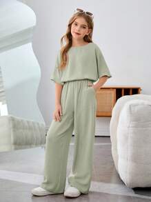Firerie Kids Firerie Kids Conjunto informal de 2 piezas para niña preadolescente con cuello redondo y manga corta, unicolor, para vacaciones de verano - verde menta - Ver 2
